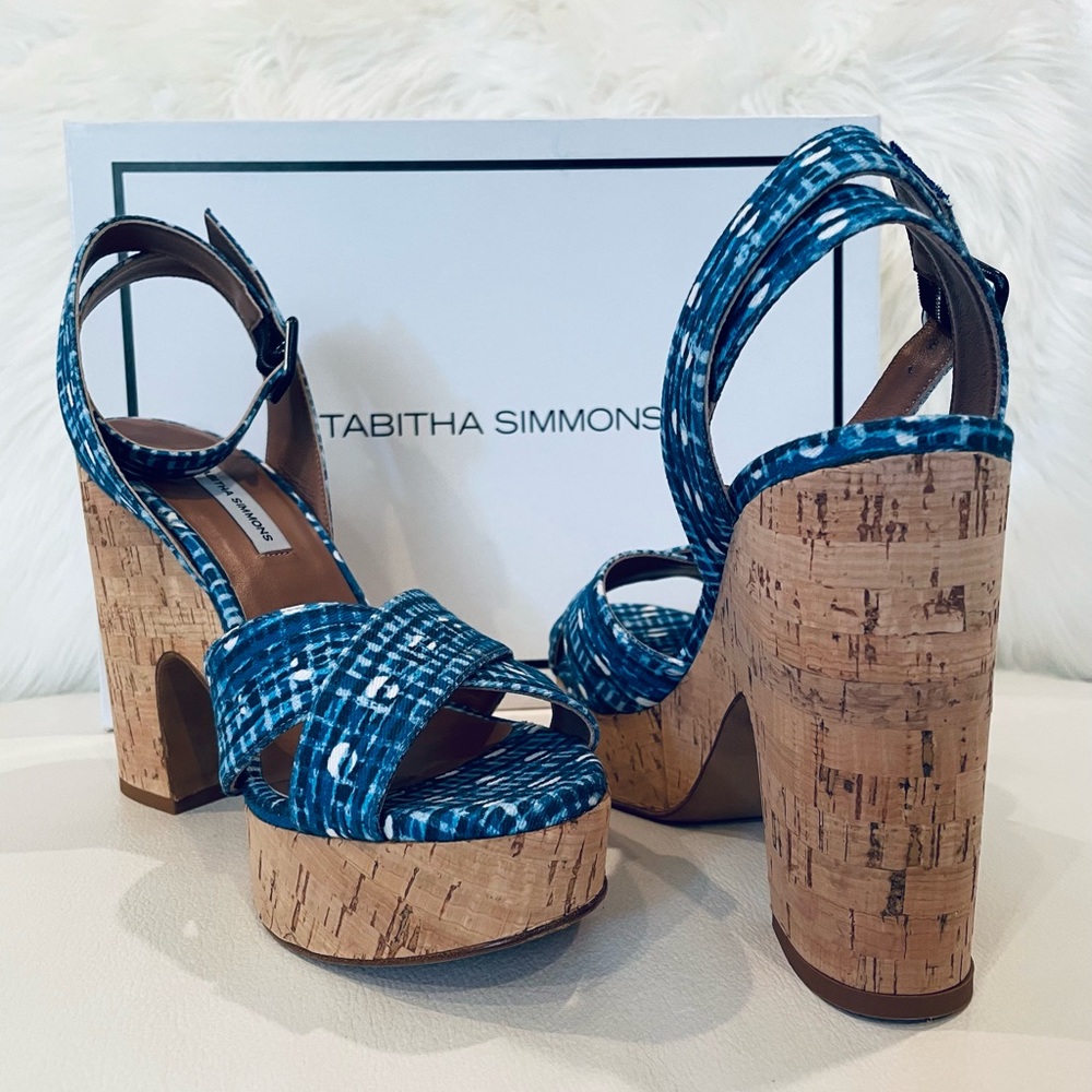 TABITHA SIMMONS gingham Elena blue NWT check cork platform volley 37 and 38.5